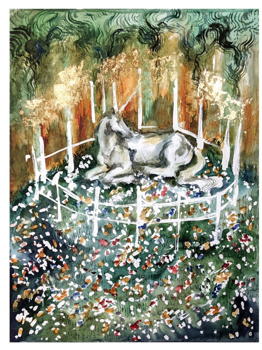 Unicorn – watercolor and gold leaf original painting